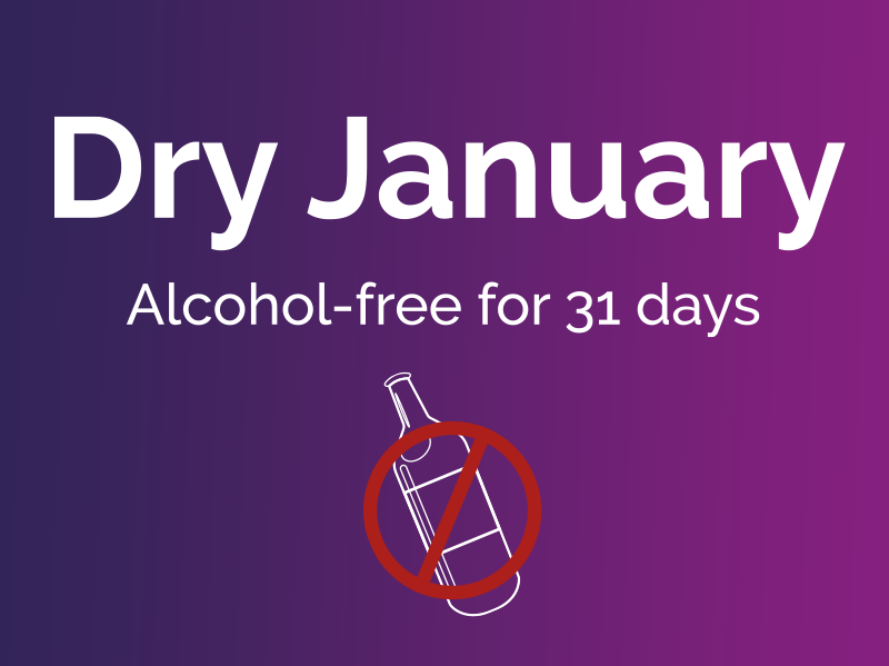 Purple dry January graphic with a bottle