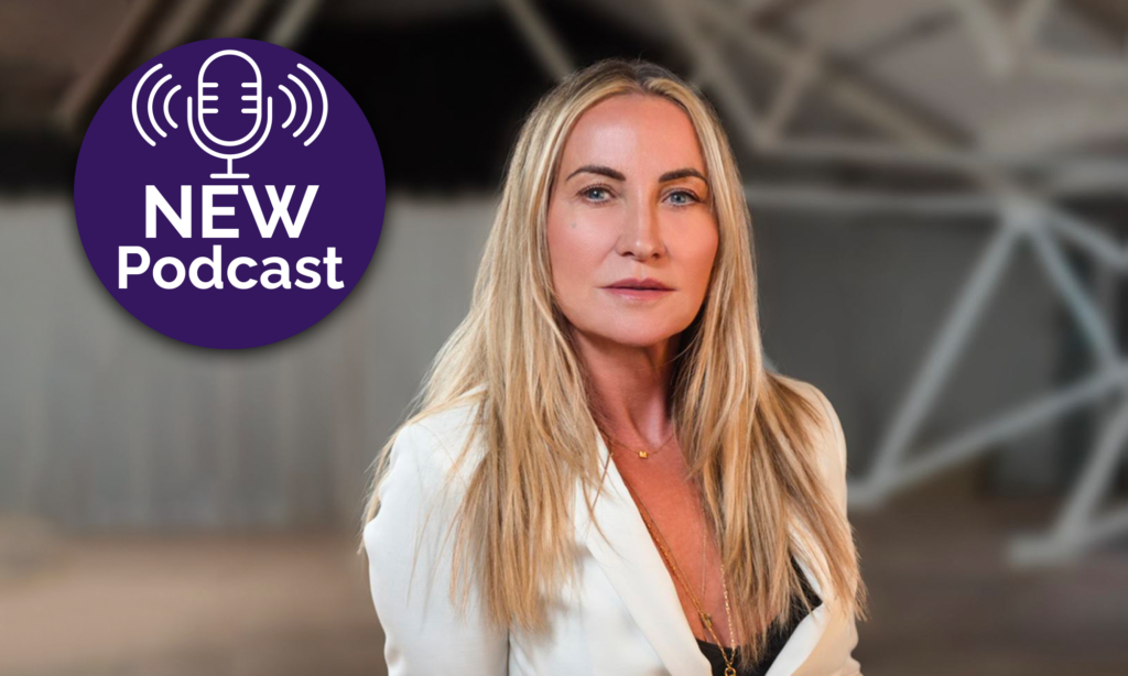 A business woman sat down for a new podcast banner