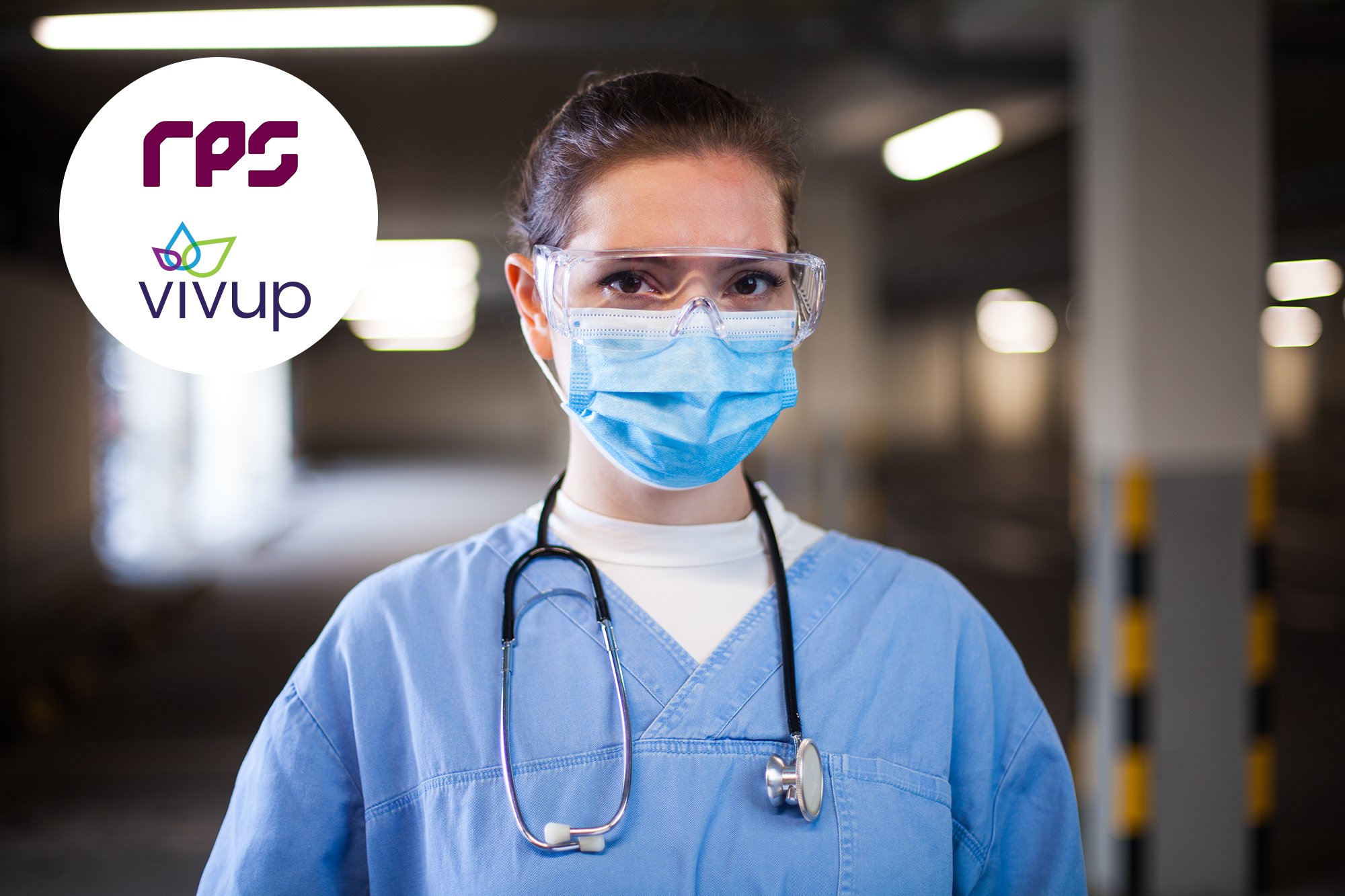 RPS and Vivup logos next to a doctor wearing a face mask and goggles